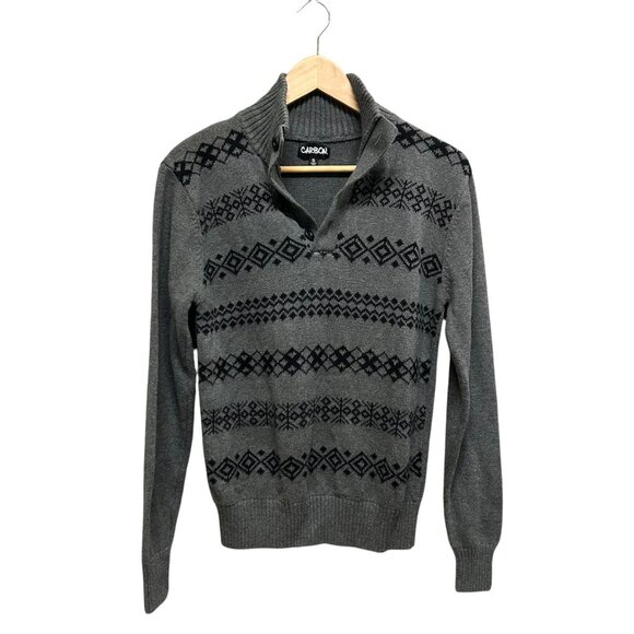 Carbon Gray Black Pattern 1/4 button Long Sleeve Knit Sweater Size S - Picture 2 of 5